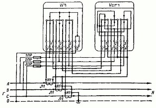 Trīs elementu aktīvās un reaktīvās enerģijas skaitītāju daļēji netiešas iekļaušanas shēma četru vadu tīklā ar atsevišķām strāvas un sprieguma ķēdēm