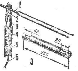 Uchwyt elektrody: 1 - elektroda, 2 - sprężyna, 3 - rura, 4 - wąż gumowy, 5 - śruba i nakrętka M8, 6 - kabel