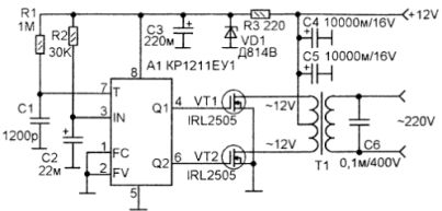 Elektrické schéma převodníku 12 V na 220 V 50 Hz