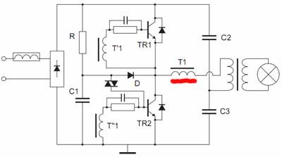 Vienkāršota elektroniskā transformatora shēma