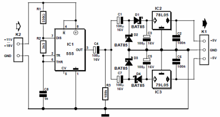 Le circuit du convertisseur de tension micropuissance sur la minuterie 555