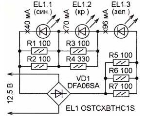 Trīs krāsu gaismas diodes savienojuma shēma