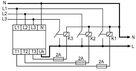 Schemat podłączenia przełącznika fazowego PF-451