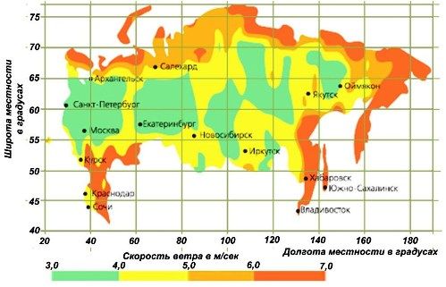 Średni roczny rozkład wiatrów na terytorium Rosji, określony dla wysokości 50 metrów