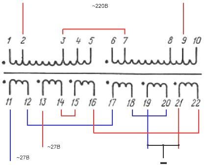 Conexão dos enrolamentos do transformador ТПП-281-127 / 220-50