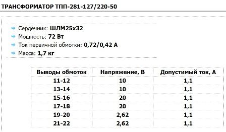 Parametry transformatora ТПП-281-127 / 220-50