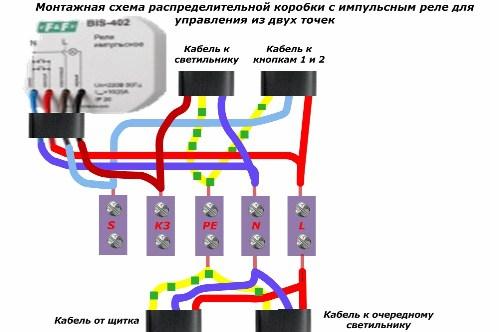 Схема на свързване на разклонителна кутия с импулсно реле