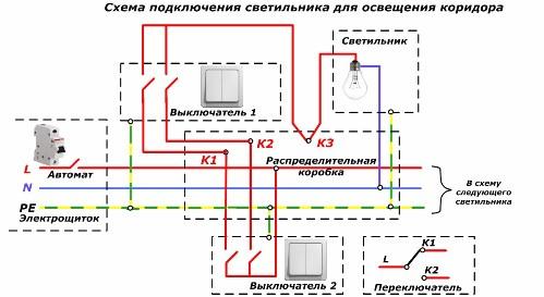 Схема за свързване на осветителни тела за осветление на коридора