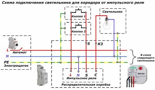 Schemat podłączenia oprawy do korytarza z przekaźnikiem impulsowym