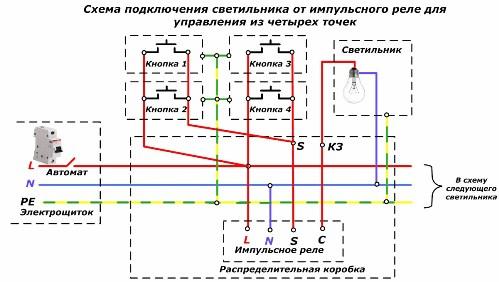 Diagrama de conexão da luminária a partir de um relé de pulso