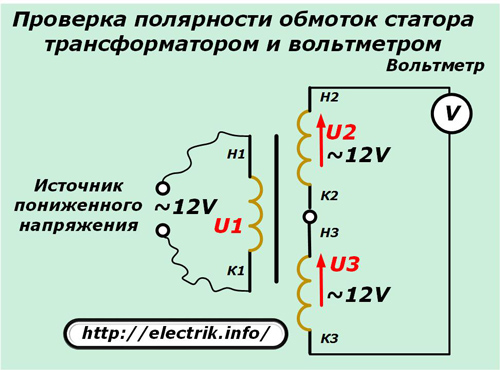 Проверка на полярността на намотките на статора с трансформатор и волтметър