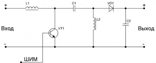 SEPIC pārveidotāja funkcionālā diagramma