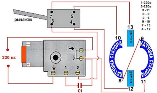 Diagrama de fiação para o botão de controle de velocidade e a broca de martelo reversa