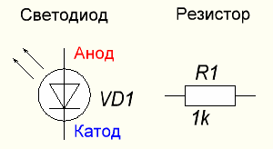 Apzīmējums uz gaismas diožu un rezistoru diagrammām