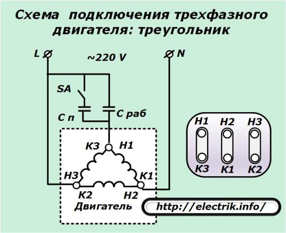 Трифазна схема на триъгълна връзка на двигателя