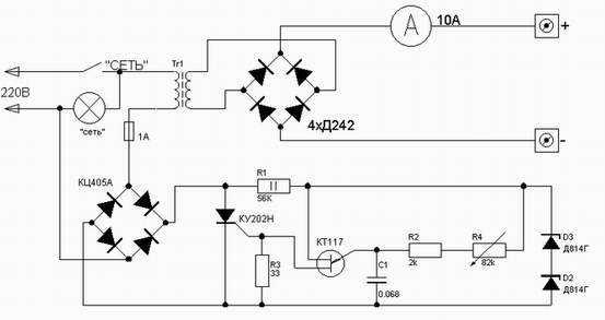 Schemat regulowanej ładowarki z regulatorem tyrystorowym