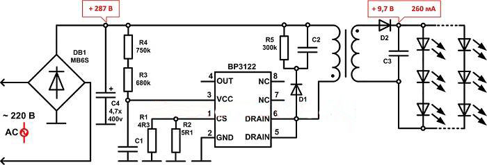 Circuit d'attaque typique pour LED de transformateur