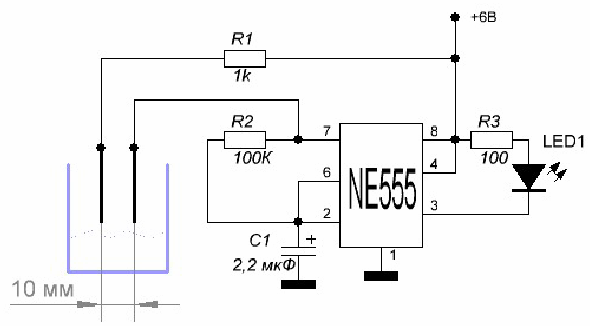 Augsnes mitruma sensors NE555 mikroshēmā