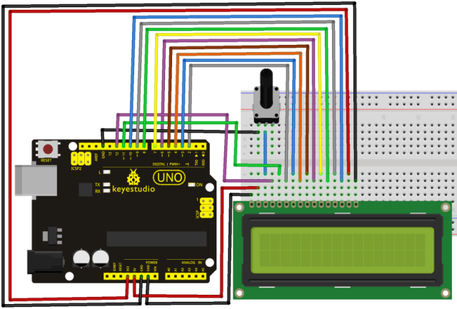 Schemat podłączenia wyświetlacza do Arduino w 8-bitowym trybie sterowania