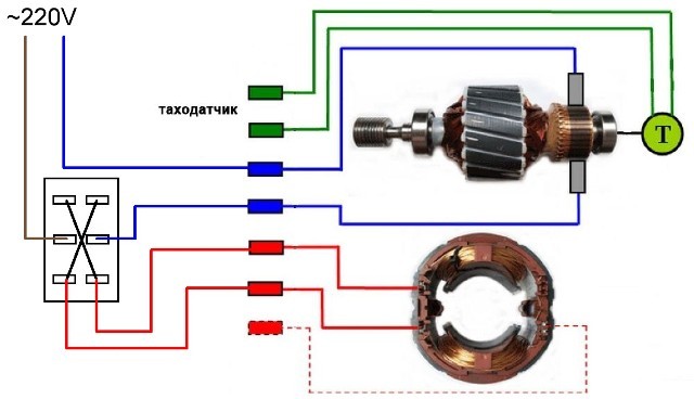 O diagrama de conexão do motor da máquina de lavar com a capacidade de mudar o sentido de rotação