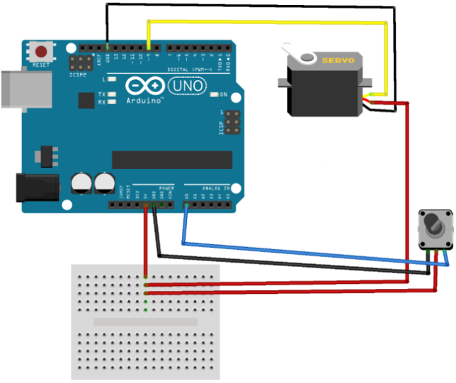 Schemat podłączenia serwomechanizmu do arduino