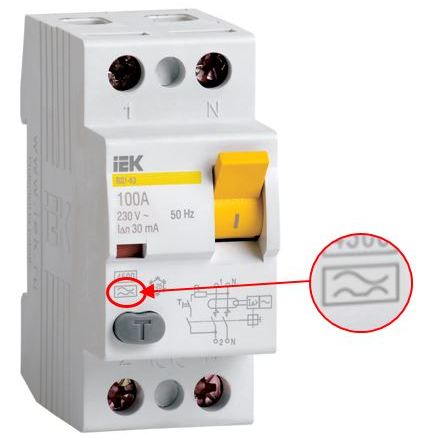 Marquage de type A sur le boîtier IEK® VD1-63 (RCD)